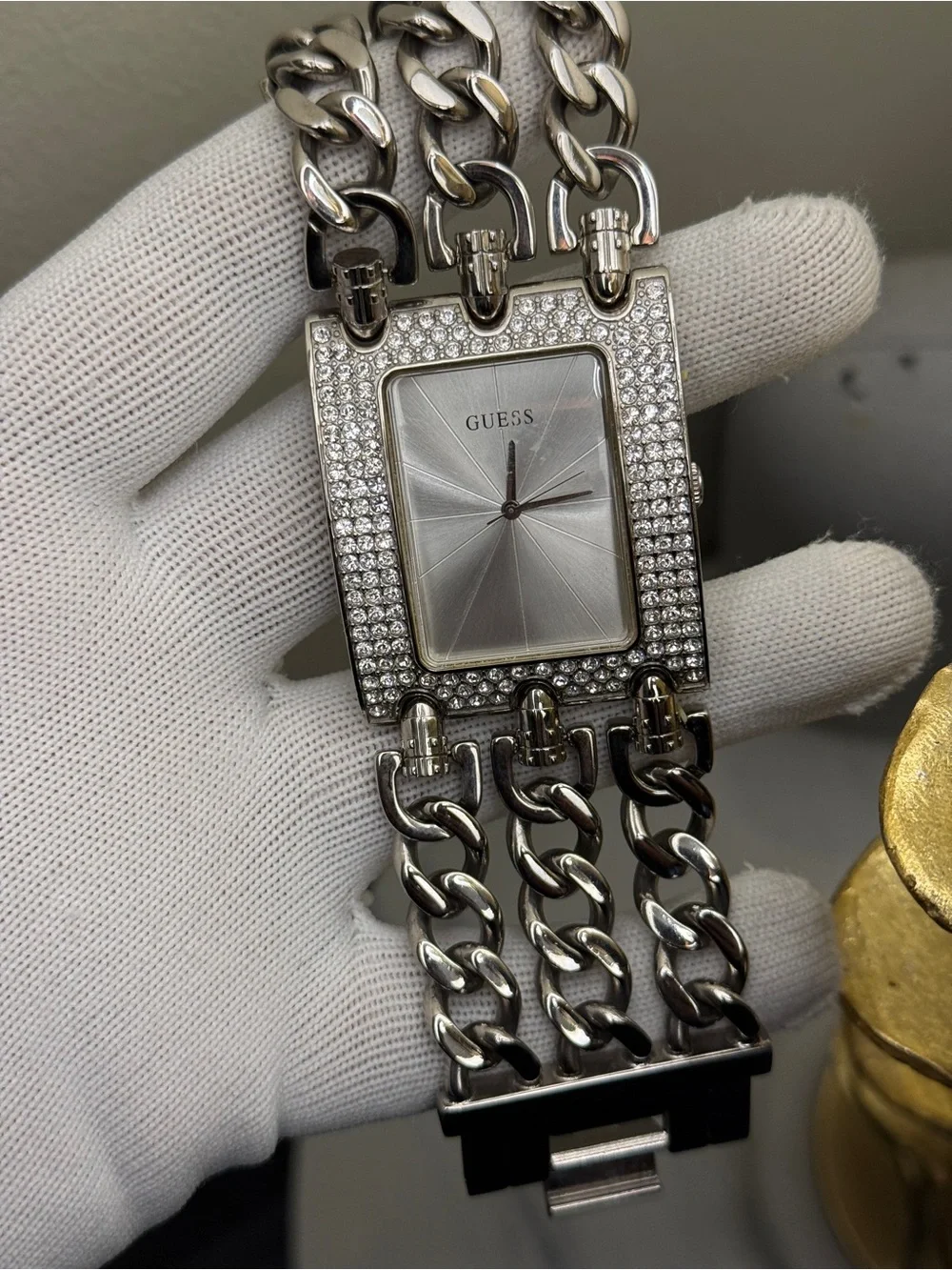 GUESS oversized Silver Crystal-Embellished women’s Chain Bracelet Watch